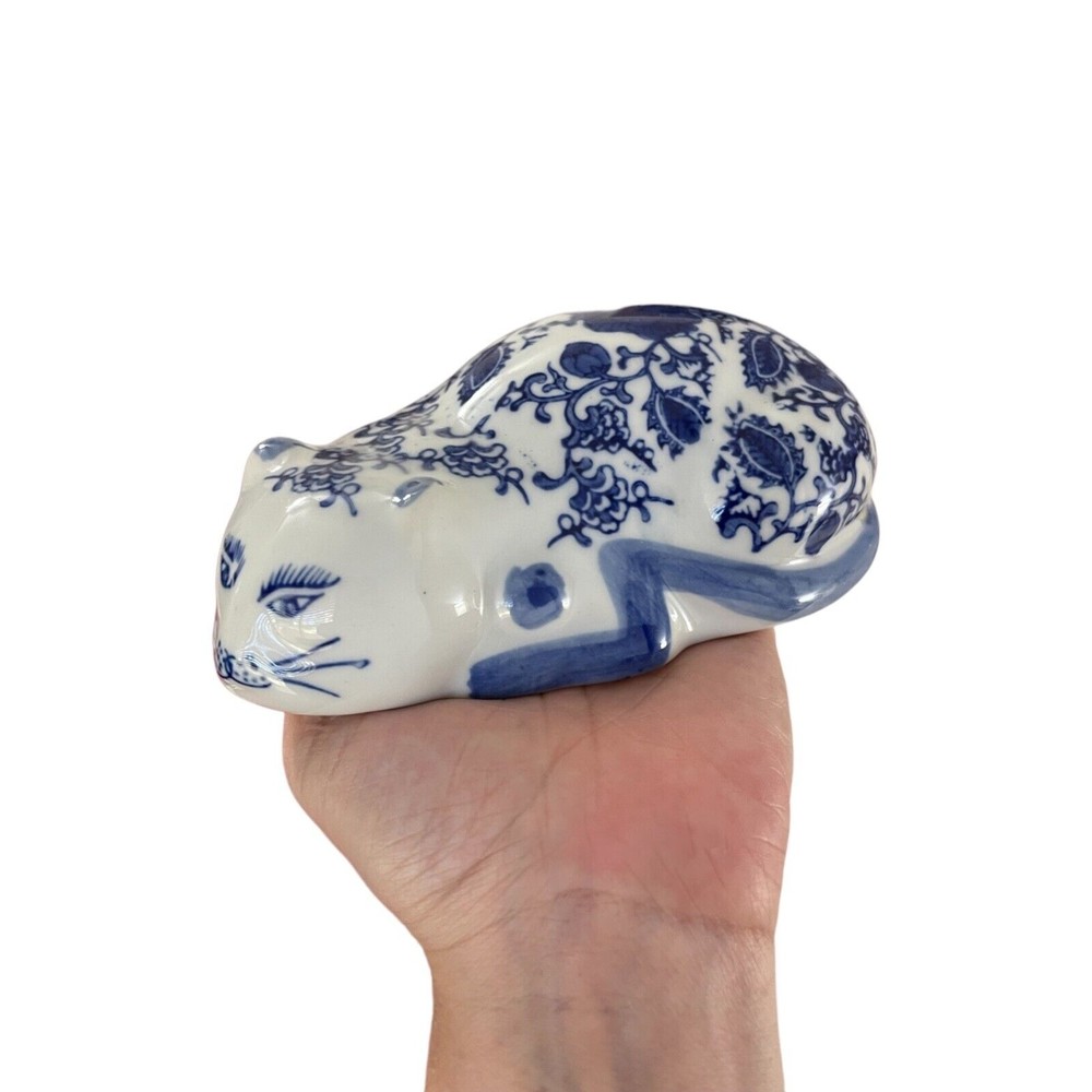 Vtg Cobalt Blue & White Chinoiserie Porcelain Sleeping Cat Floral Chintz Design - Picture 7 of 7